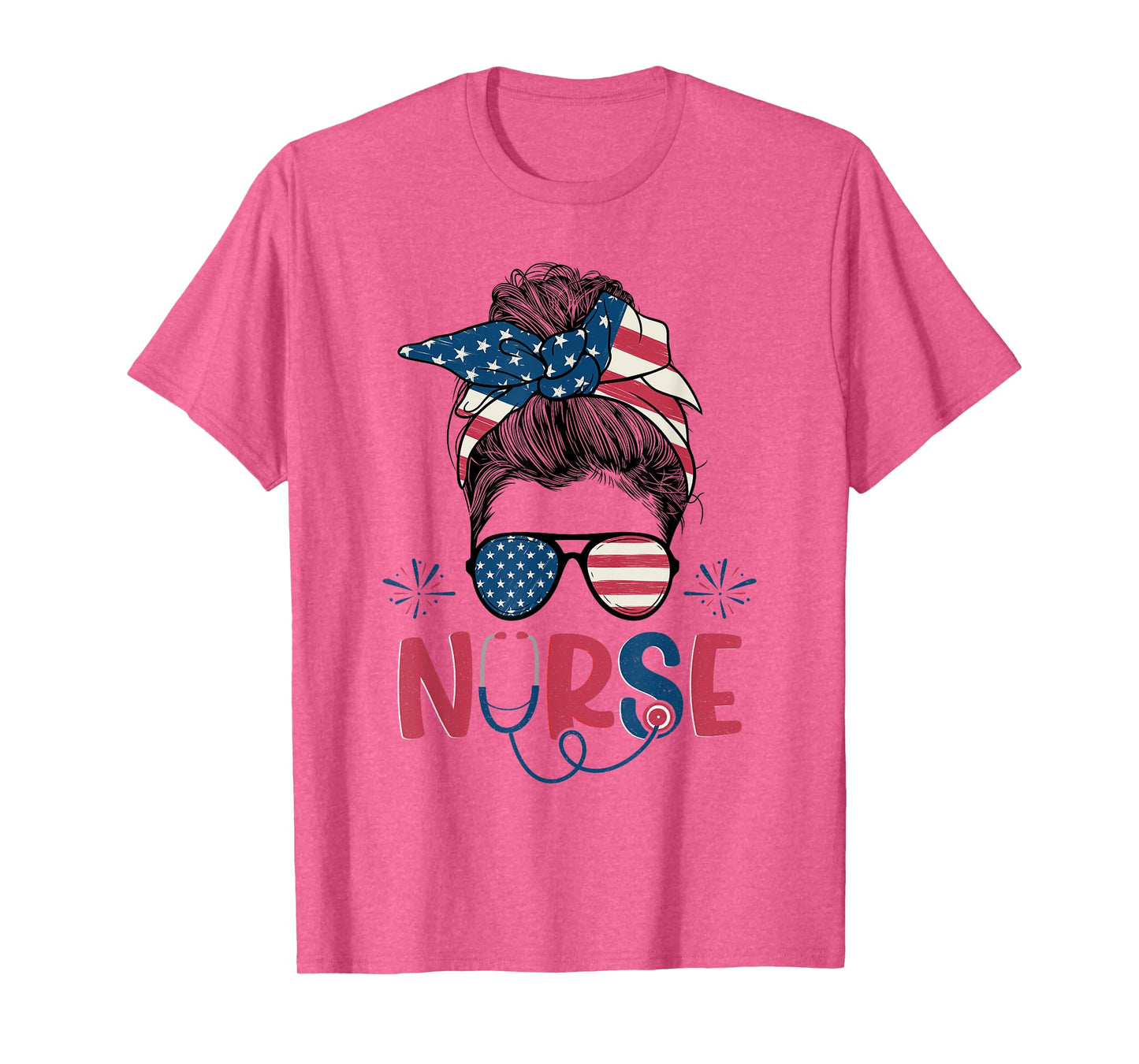 American Flag Patriotic Nurse Messy Bun 4th Of July Nurse T-Shirt for Women Kids Men