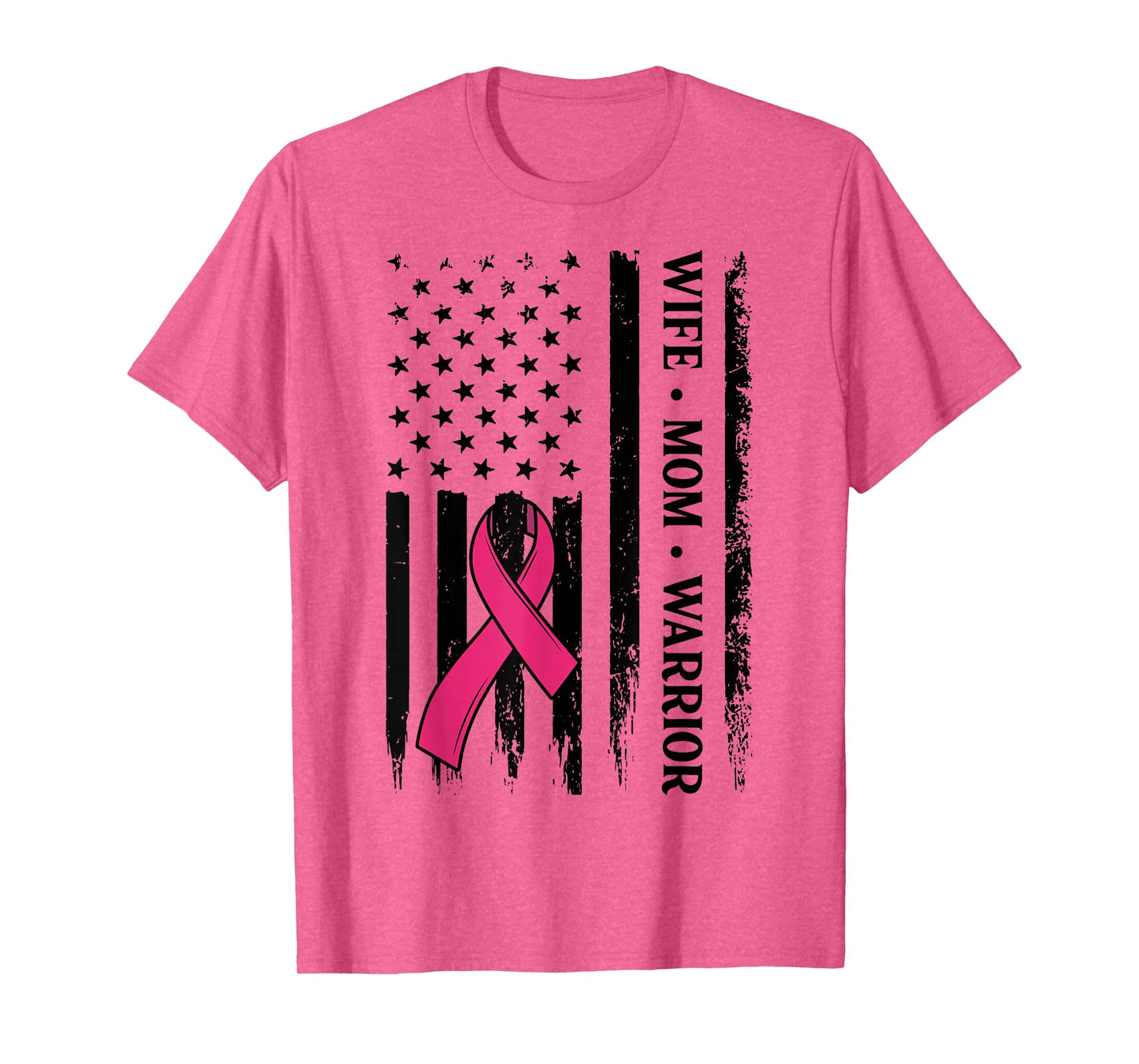 Breast Cancer Awareness Wife Mom Warrior US Flag Pink Ribbon T-Shirt