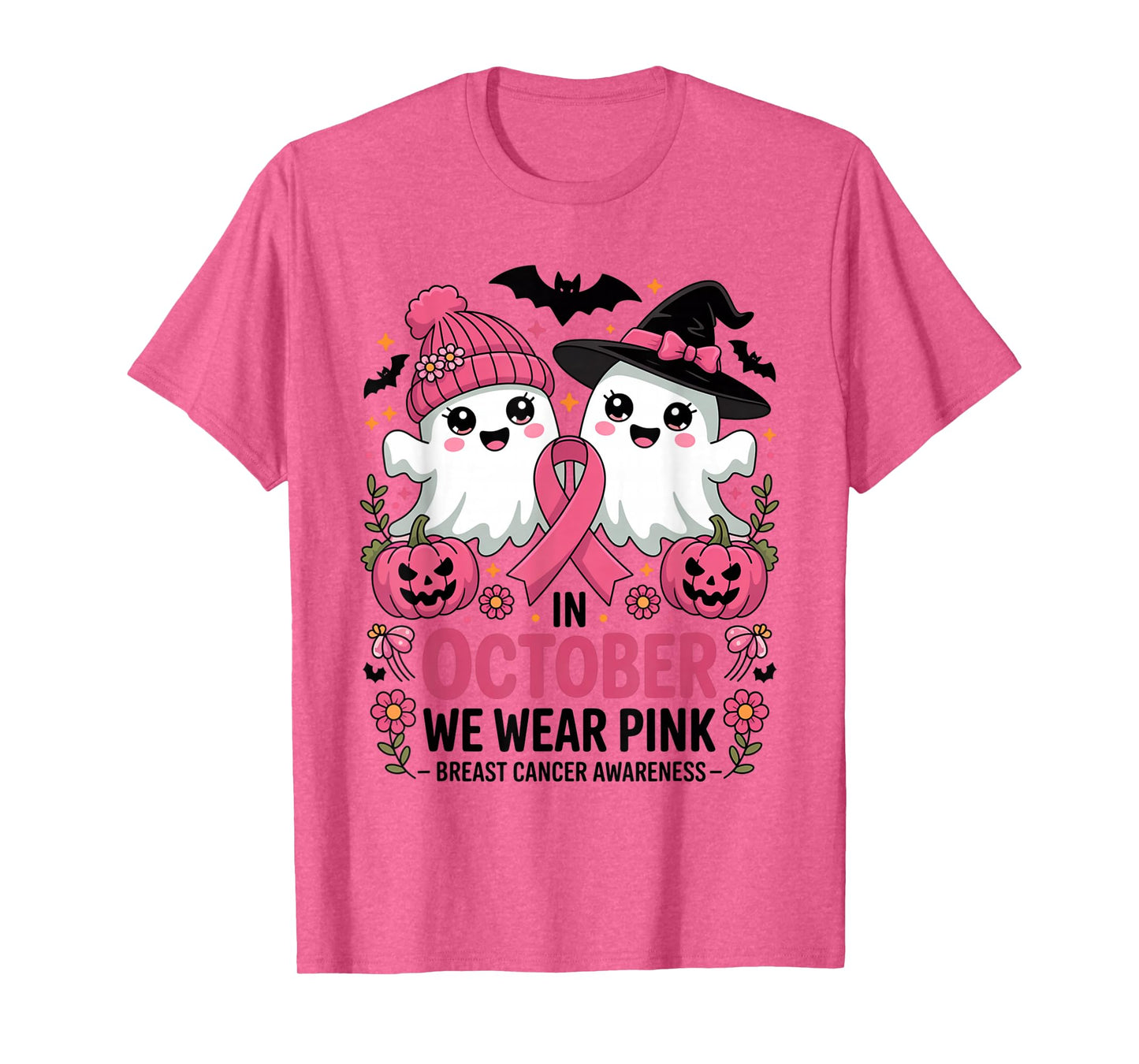 in October We Wear Pink Ghost Witch Breast Cancer Awareness T-Shirt