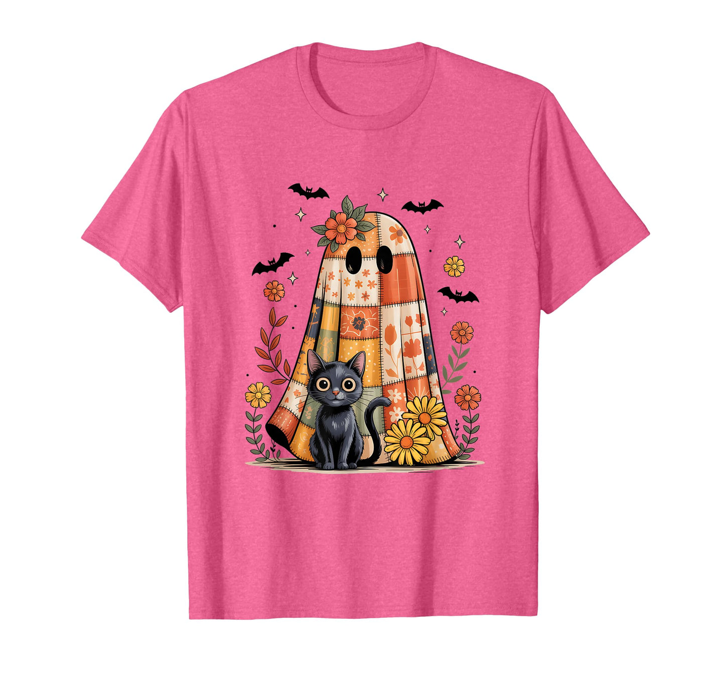 Patchwork Halloween Ghost and Cat Png Retro Spooky Floral T-Shirt