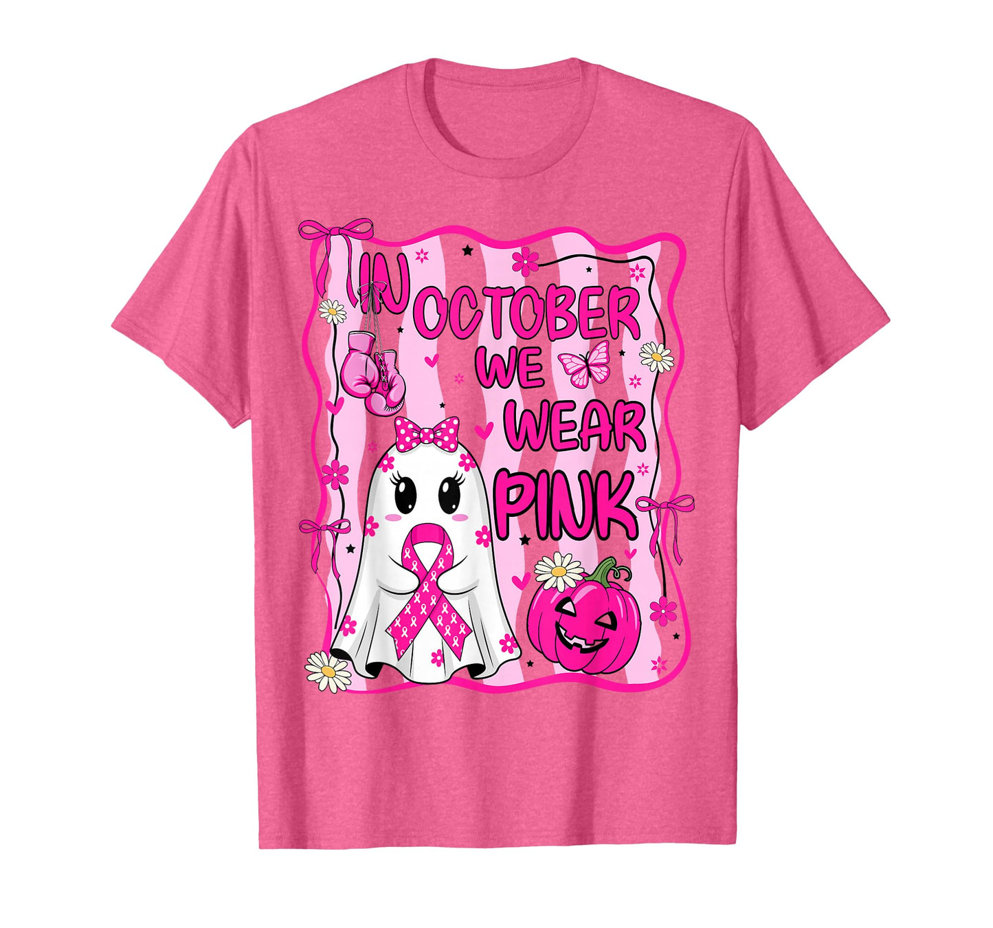 October We Wear Pink Breast Cancer Ghost Halloween Pumpkin T-Shirt
