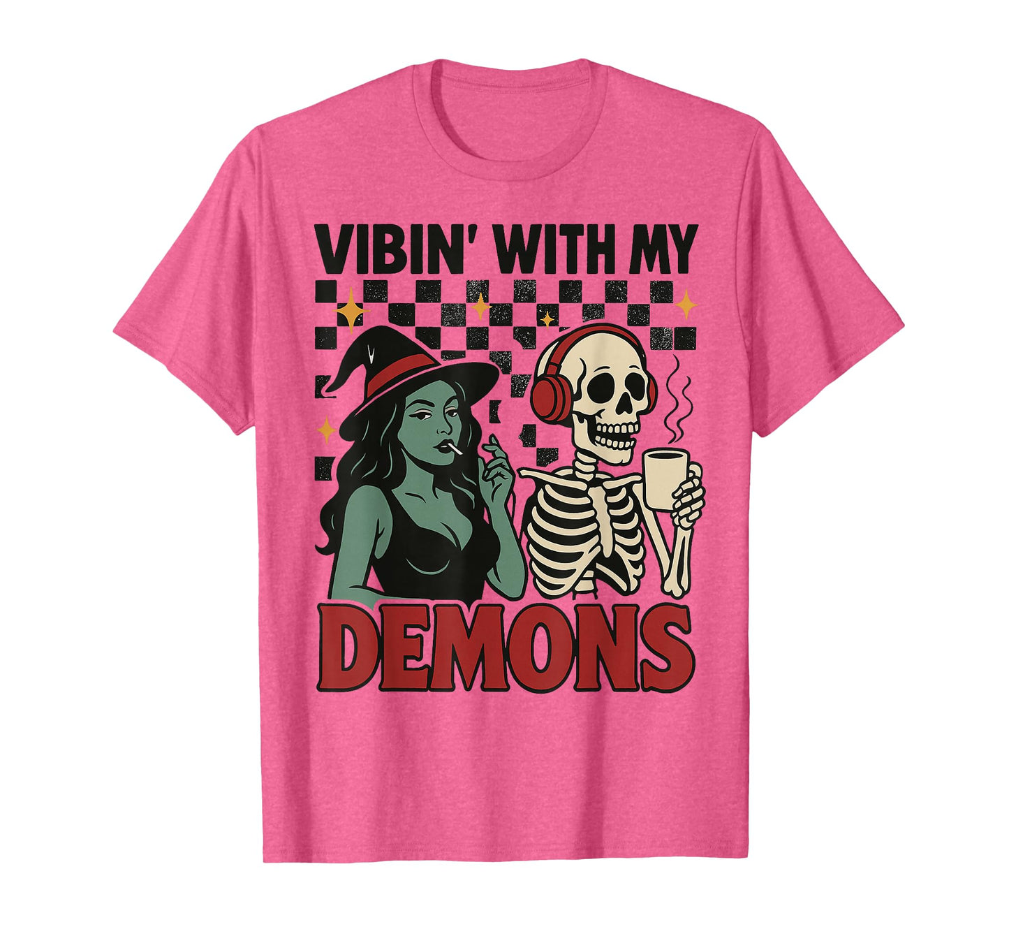 Vibin' with My Demons, Retro Witch and Skeleton Halloween T-Shirt