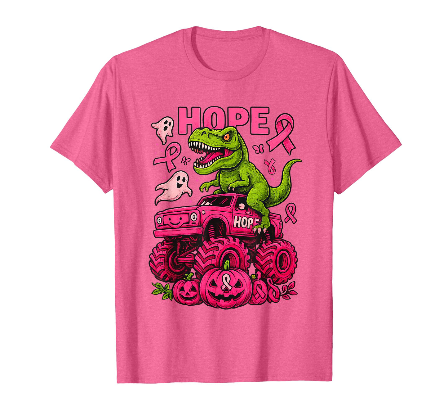 T Rex Dinosaur and Monster Truck Breast Cancer Boo Pumpkin T-Shirt
