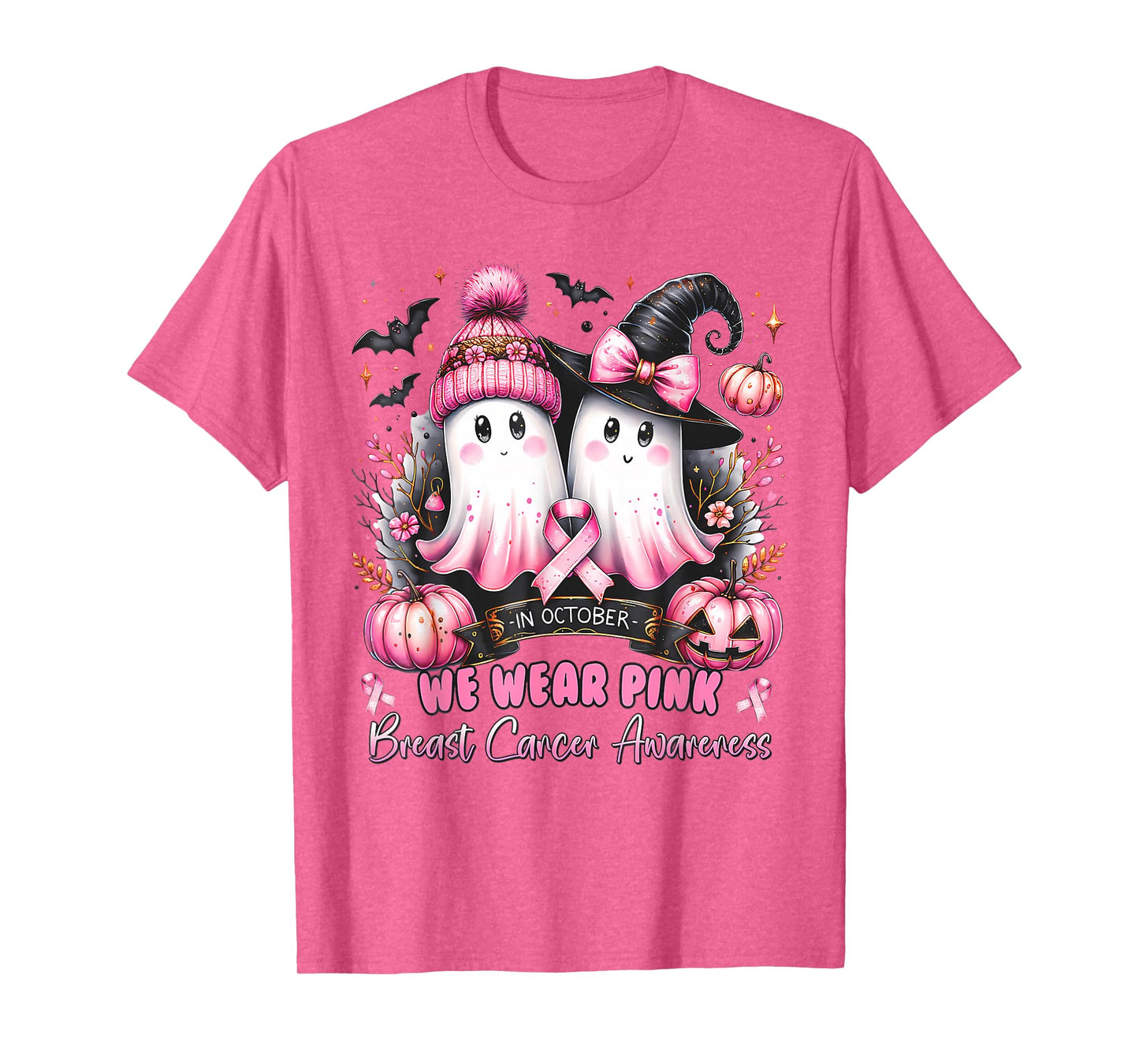 in October We Wear Pink Ghost Witch Breast Cancer Awareness T-Shirt
