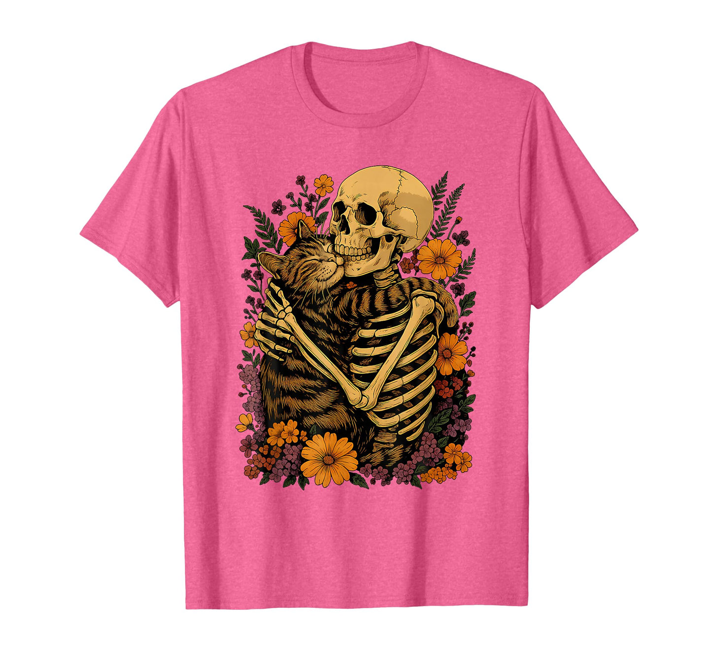 Retro Halloween Skeleton Hugging Cat Floral Cats Lover T-Shirt