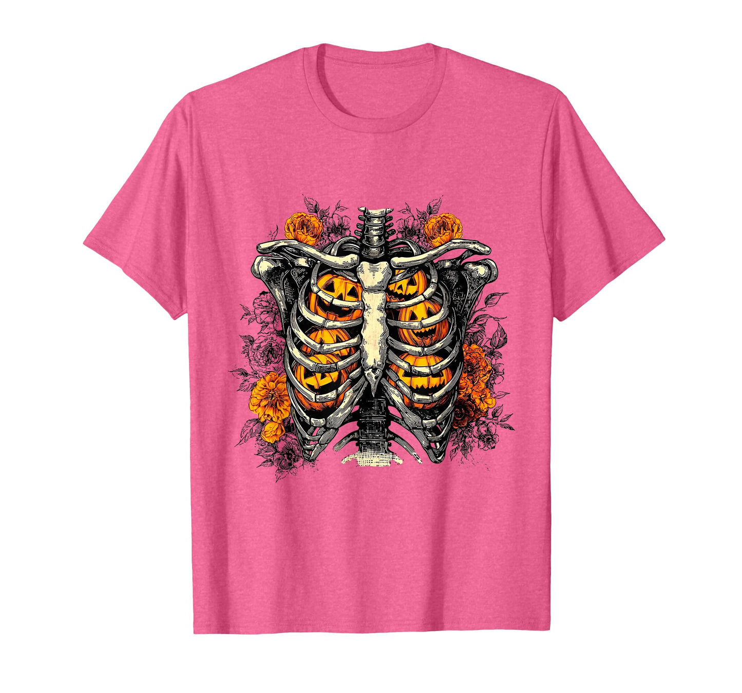 Floral Ribcage Pumpkins Skeleton Fall Halloween T-Shirt