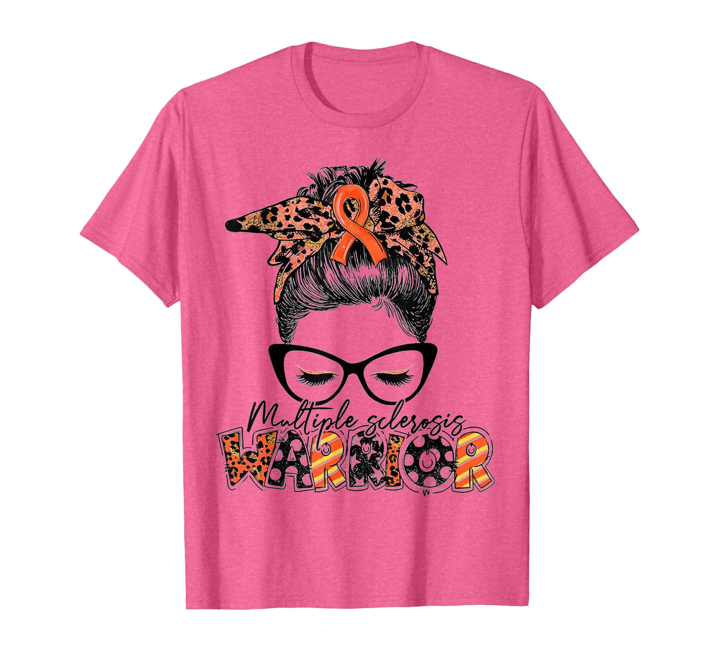 Womens Messy Bun Leopard Multiple Sclerosis Awareness Mom T-Shirt
