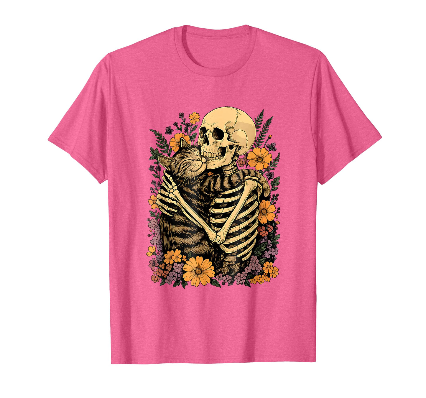 Floral Funny Skeleton Hugging Cat Halloween Spooky Season T-Shirt