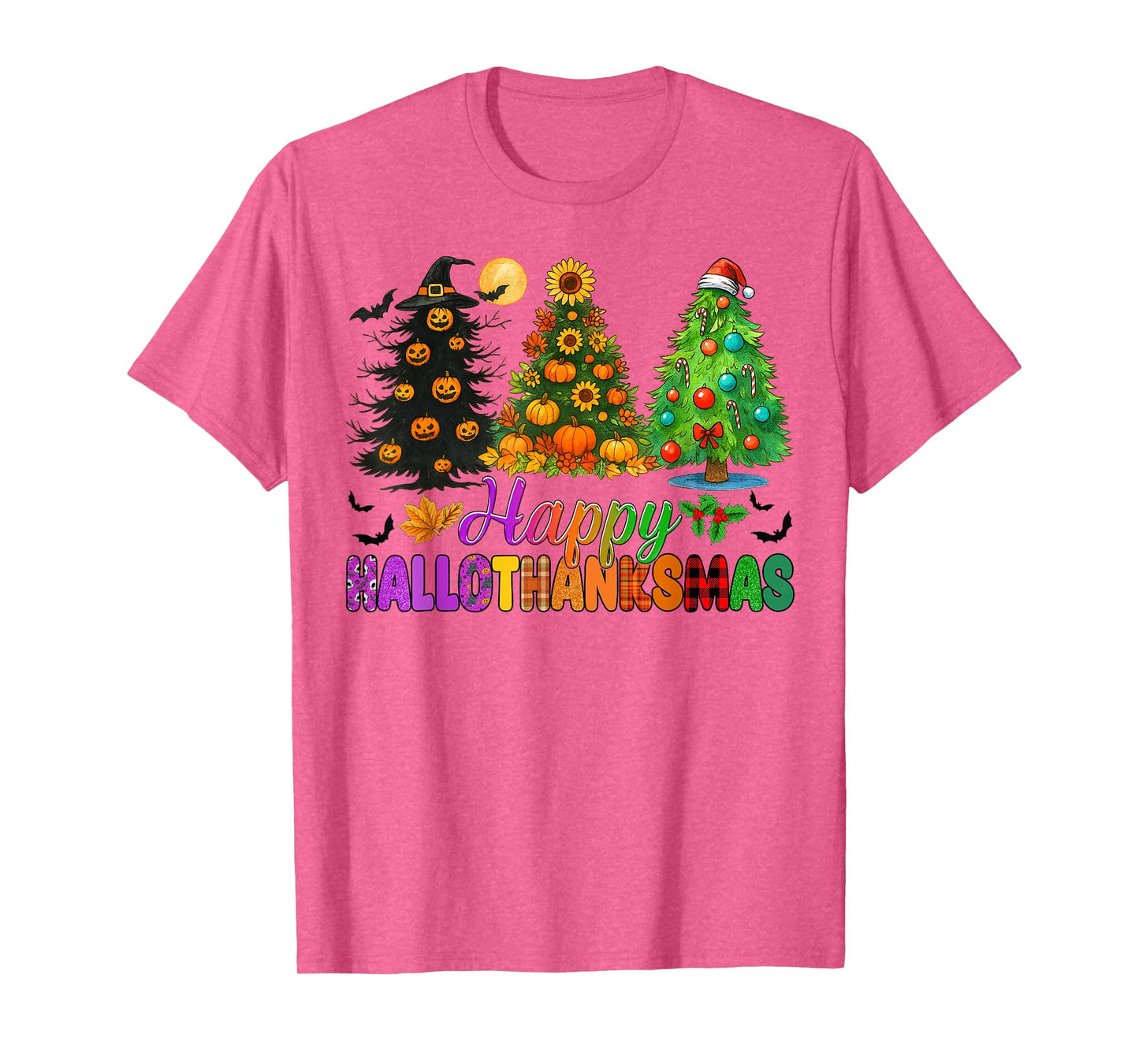 Happy Hallothanksmas Halloween Thanksgiving Christmas Trees T-Shirt