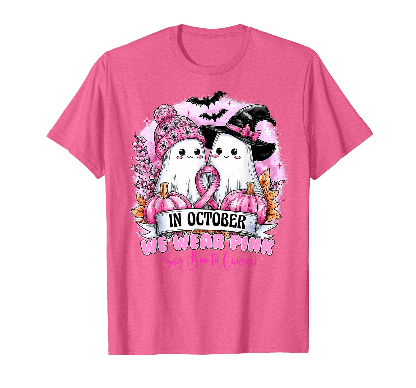 in October We Wear Pink Ghost Halloween Breast Cancer Women T-Shirt