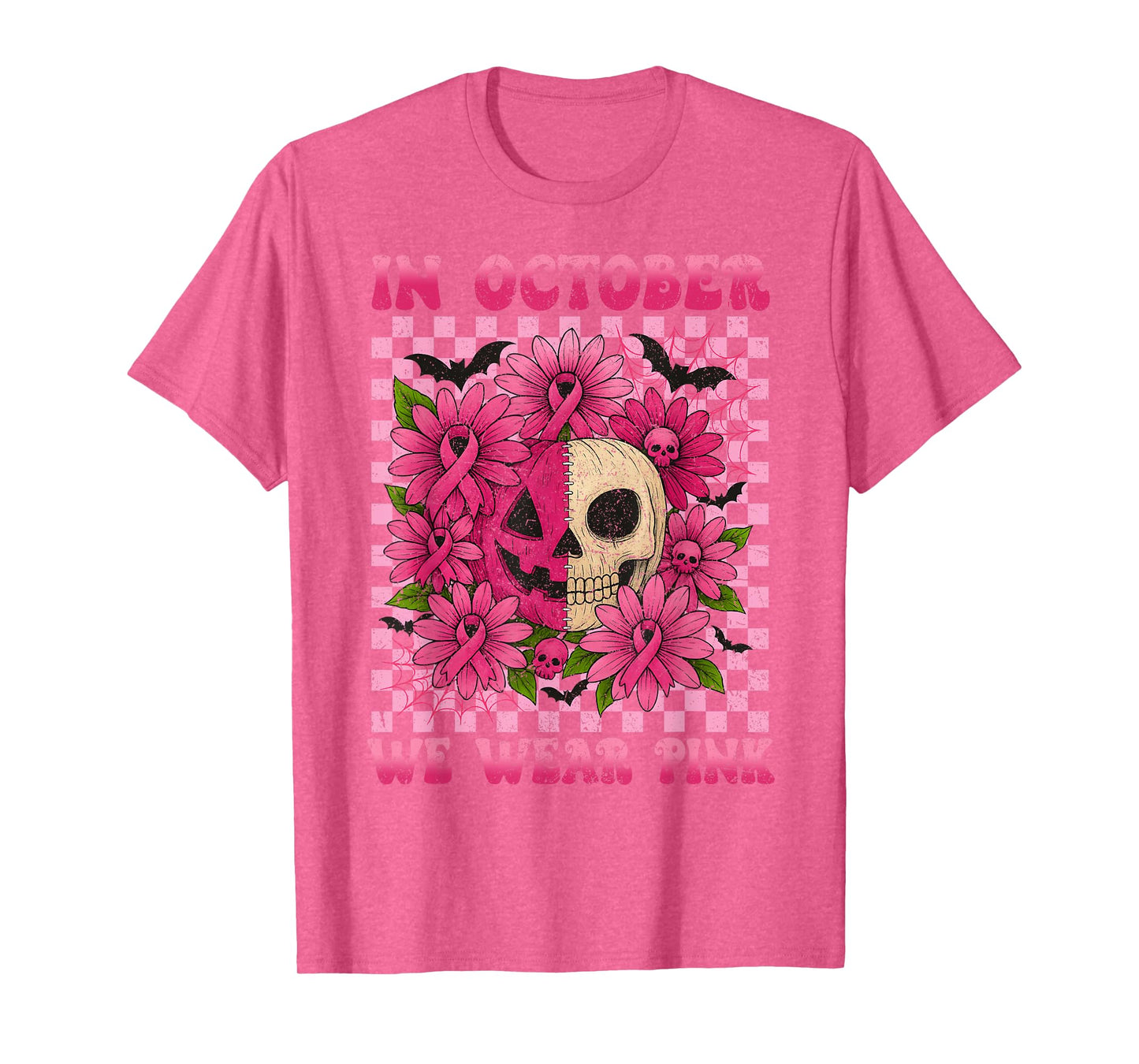 October We Wear Pink Breast Cancer Skull Jack O Latern T-Shirt