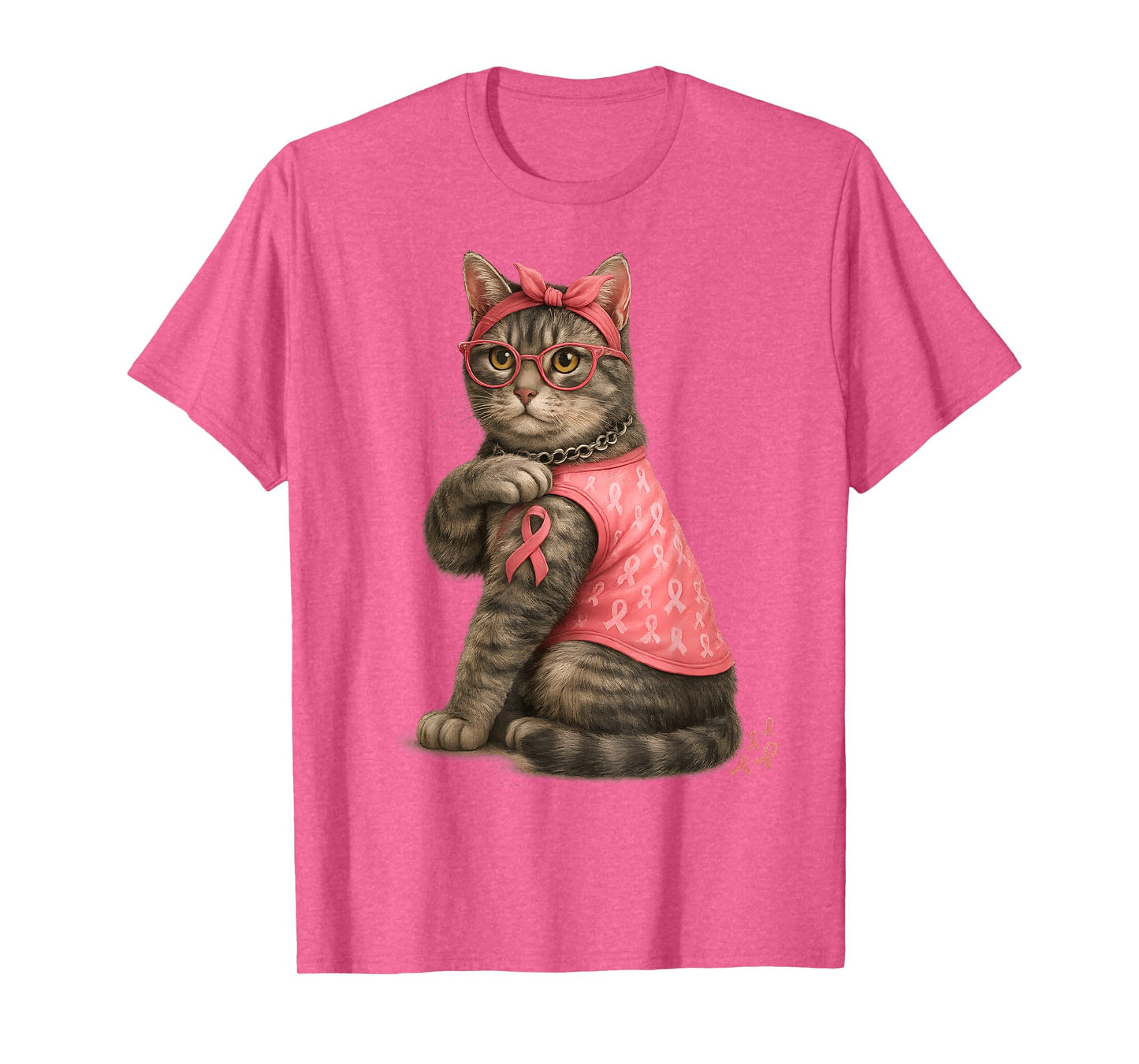 Gray Tabby Cat Pink Ribbon Breast Cancer Awareness Kitty T-Shirt