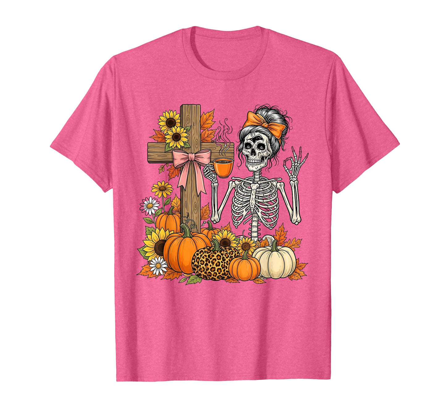 Halloween Skeleton Coffee Pumpkin Sunflower Fall Women T-Shirt