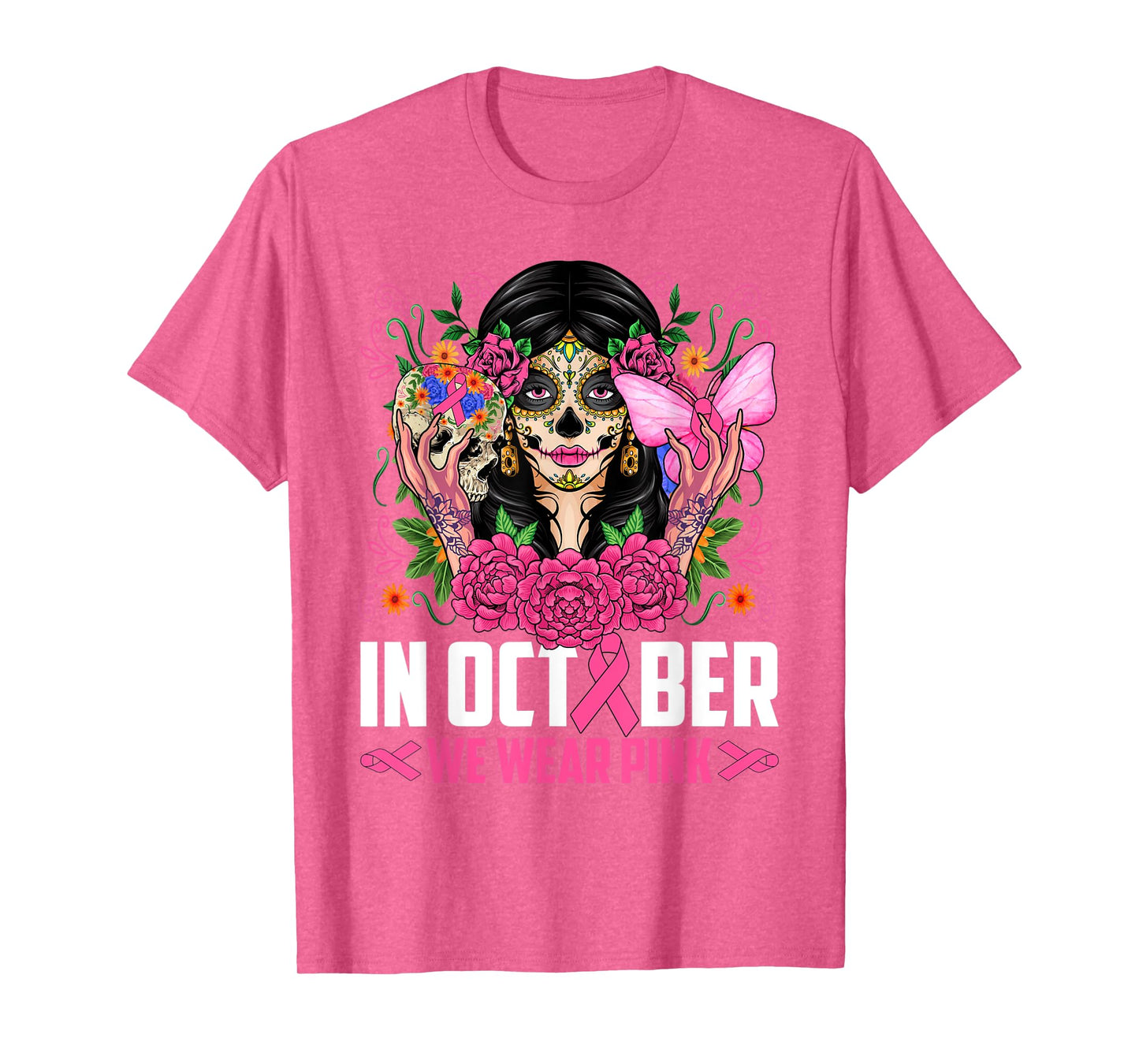 In October Wear Pink Sugar Skull Breast Cancer Halloween Day T-Shirt