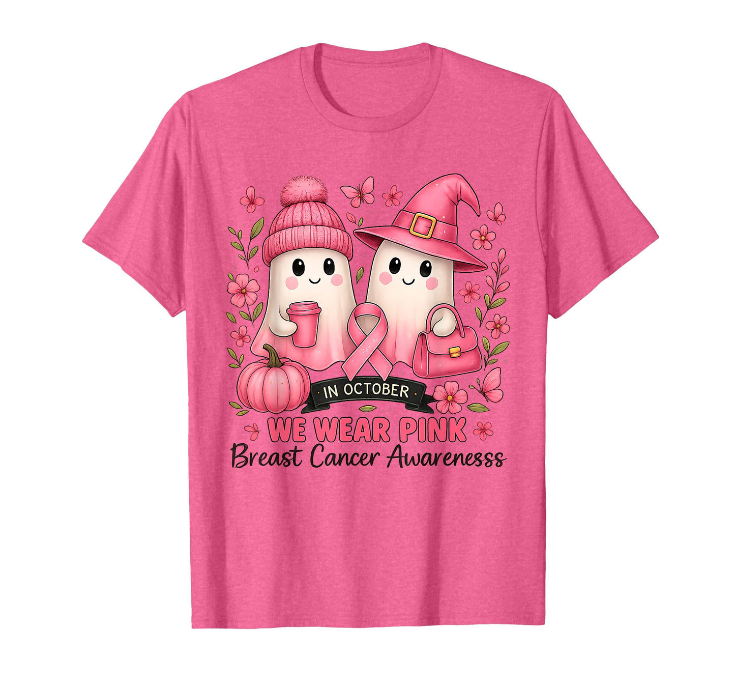 in October We Wear Pink Cute Ghost Breast Cancer Awareness T-Shirt