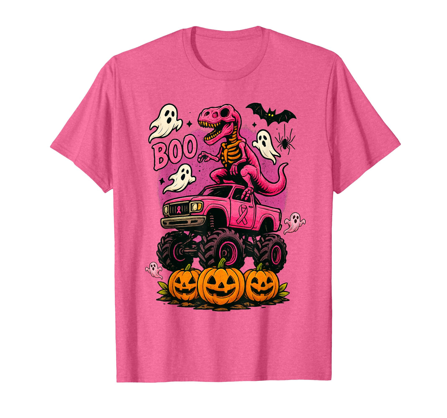 Skeleton T Rex Dinosaur Monster Truck Pumpkin Breast Cancer T-Shirt