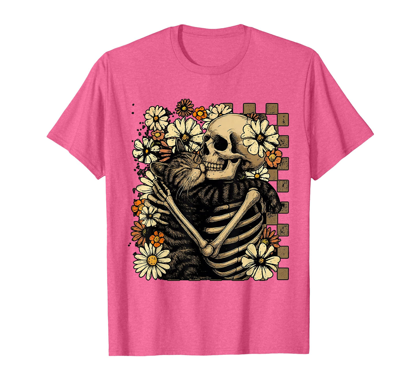 Retro Skeleton Hugging Cat Floral Halloween Cats Lover Fall T-Shirt