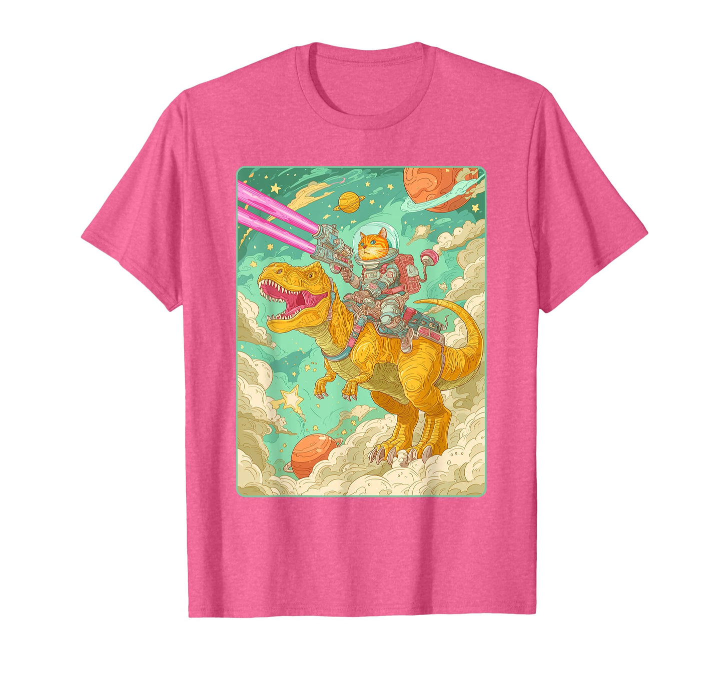 Space Cat Riding Dinosaur T-Rex Lasers Funny Sci-Fi Kids T-Shirt
