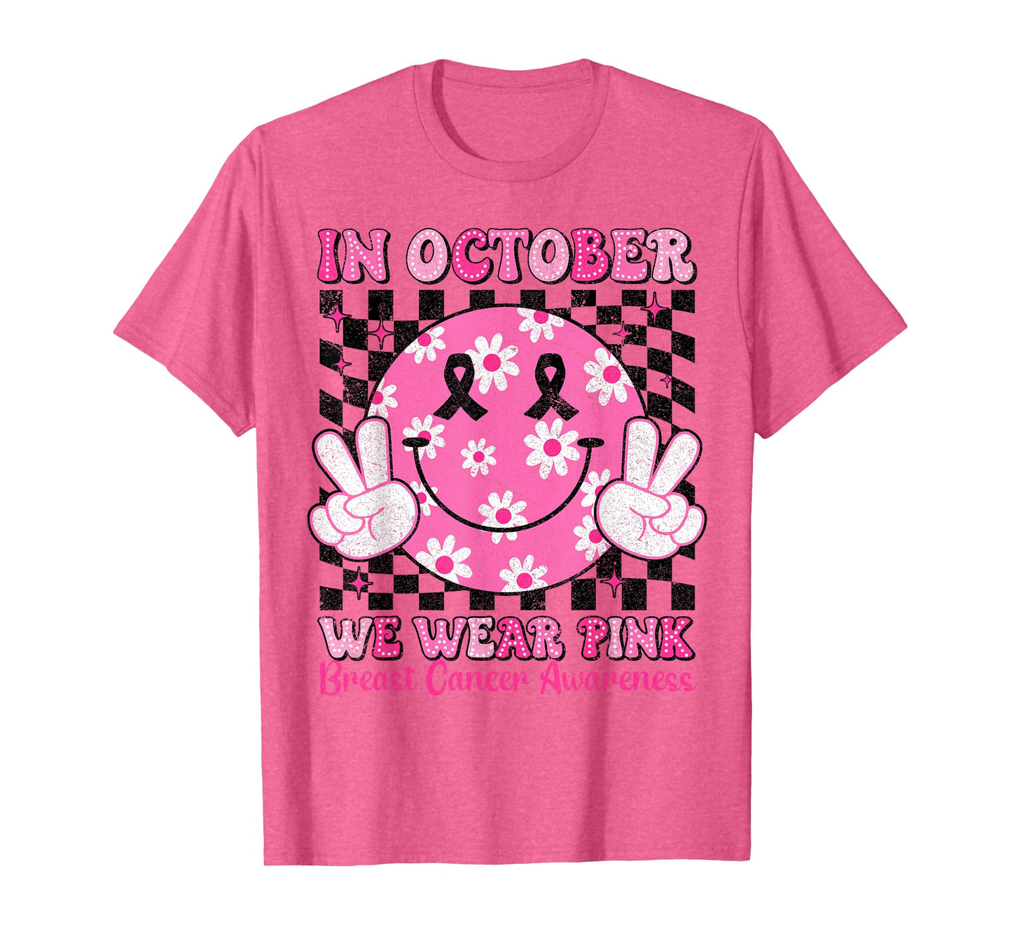 in October We Wear Pink Breast Cancer Awareness Checkered T-Shirt