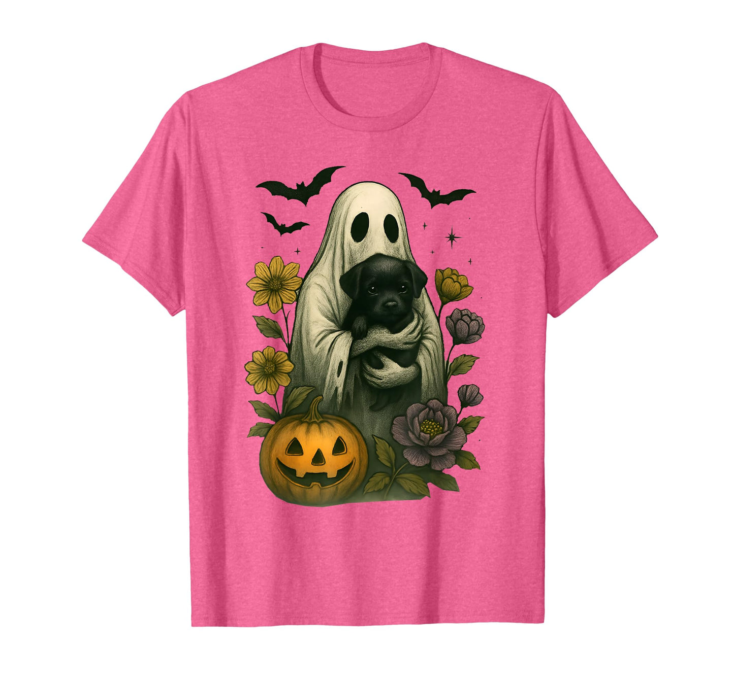 Floral Ghost Black Dog Coquette Funny Halloween Design T-Shirt
