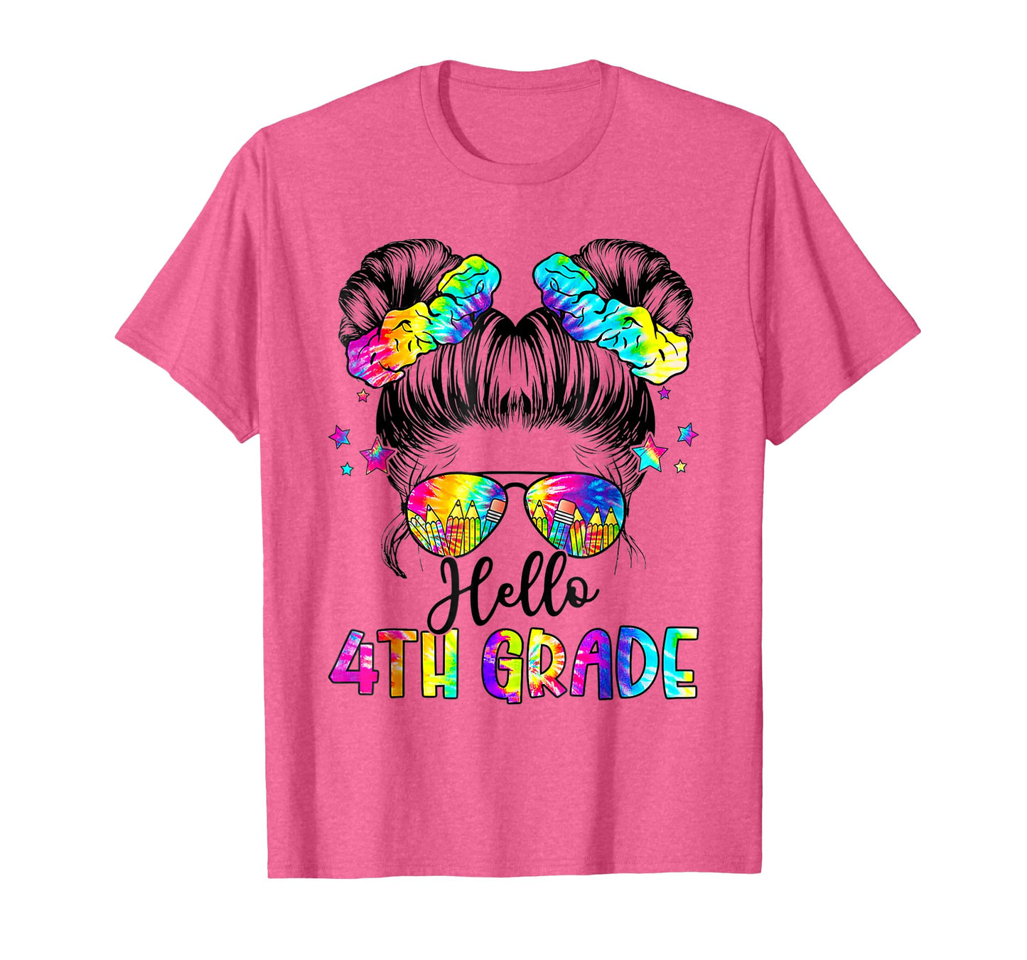 Hello 4th Grade Messy Hair Bun Girl Back To School First Day T-Shirt