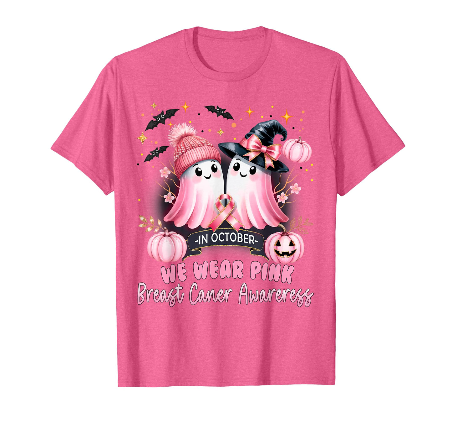in October We Wear Pink Ghost Witch Breast Cancer Awareness T-Shirt
