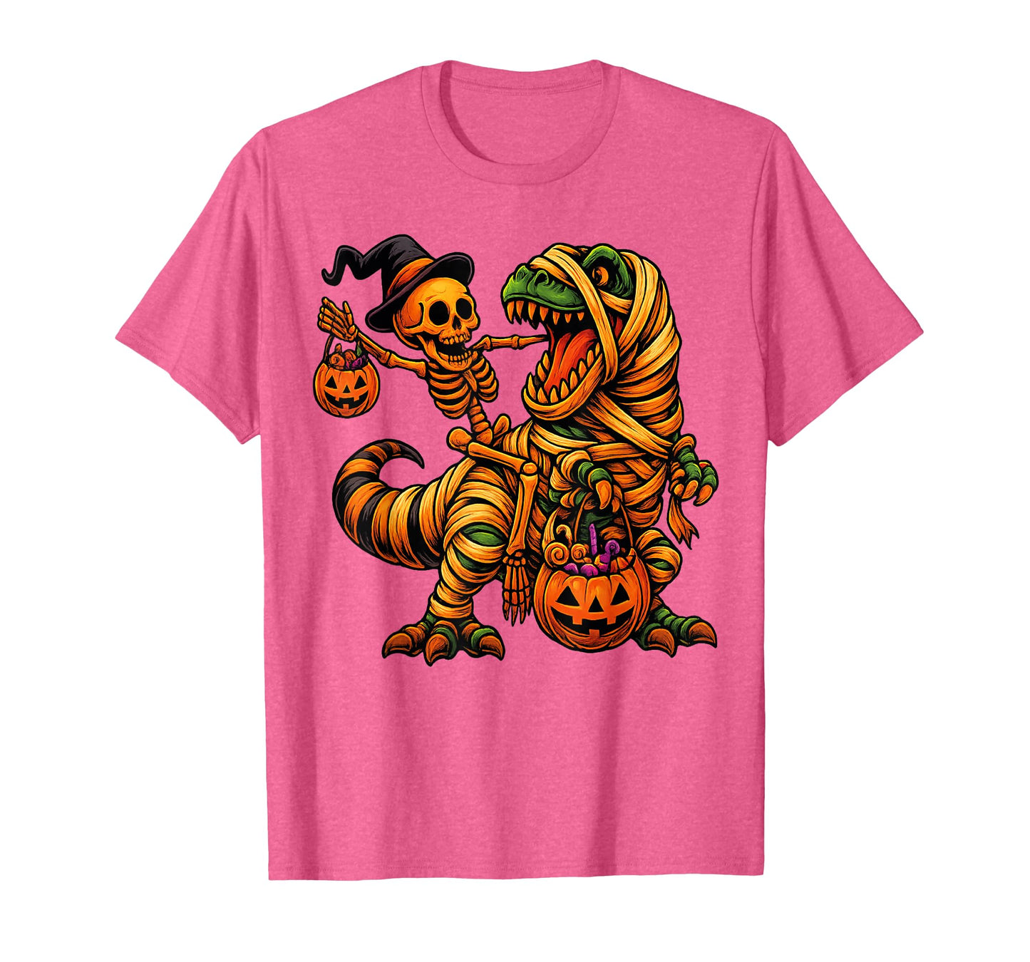 Skeleton Riding Mummy Dinosaur T rex Halloween Funny Pumpkin T-Shirt
