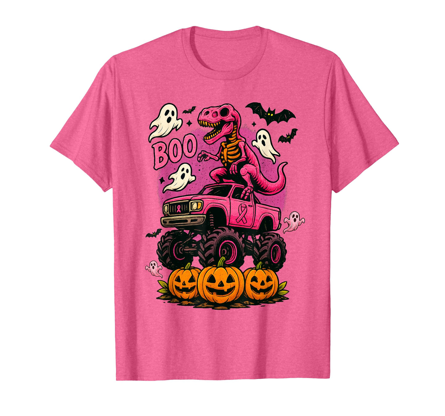 Skeleton Dinosaur T Rex Riding Monster Truck Breast Cancer T-Shirt