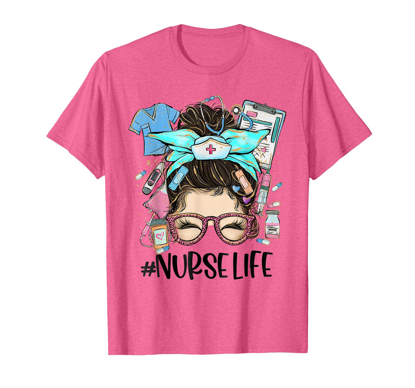 Nurse Life Messy Bun Leopard Glasses Bandana Nurse Week 2025 T-Shirt