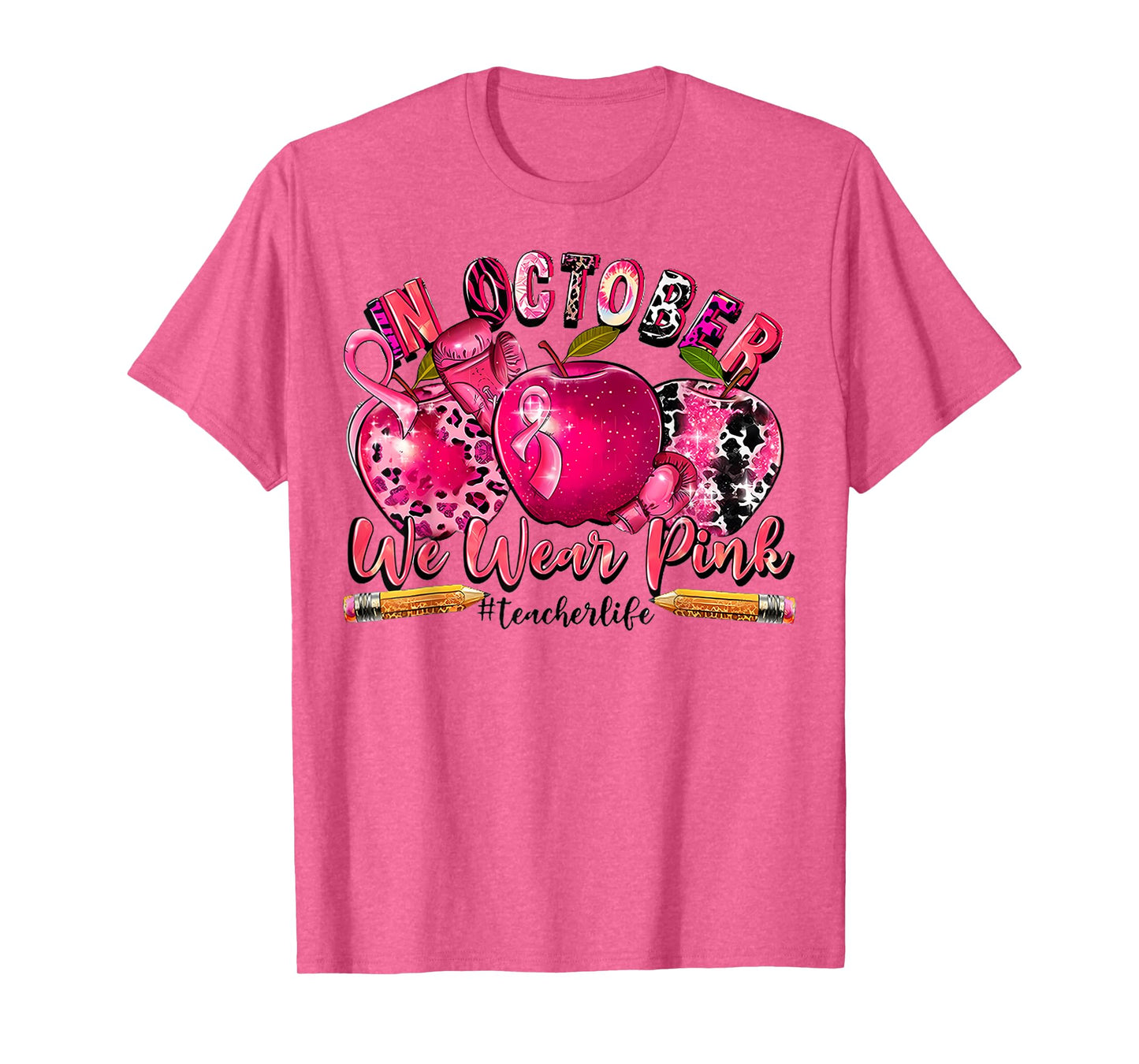 In October We Wear Pink Teacher Apple Breast Cancer Month T-Shirt
