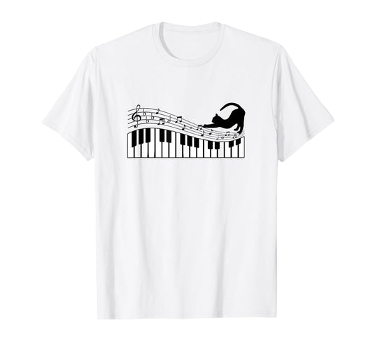 Cute Cat Kitty Playing Piano Music Clef Pianist Musician Art T-Shirt