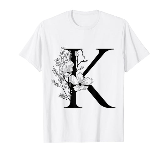 Beautiful Black Letter K Flowers Initial Floral Monogram T-Shirt