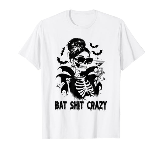 Bat Shit Crazy Halloween Witch Messy Bun Skull T-Shirt