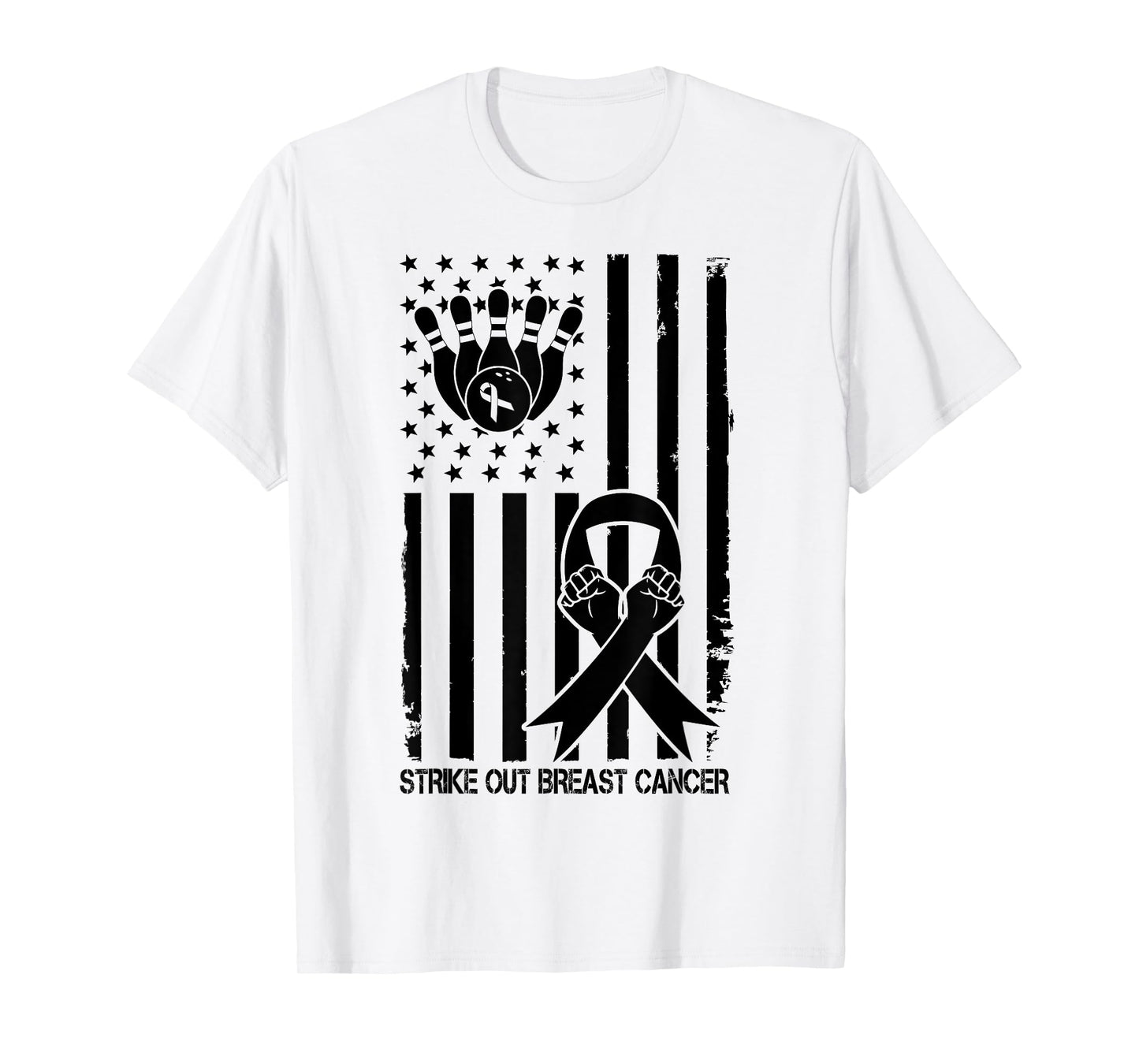 Strike Out Bowling Ribbon USA Flag Breast Cancer Awareness T-Shirt for Women Kids Men