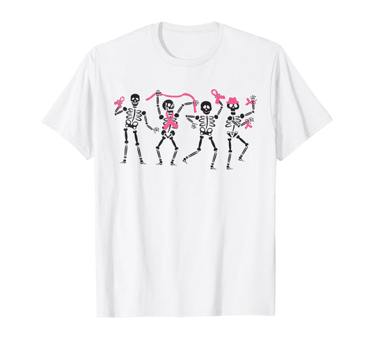 Dancing Skeleton Breast Cancer Awareness Ribbon Halloween T-Shirt