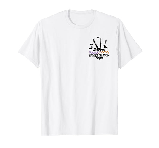 (2 Sided) Spooky Season Skeleton Halloween Retro Checkered T-Shirt