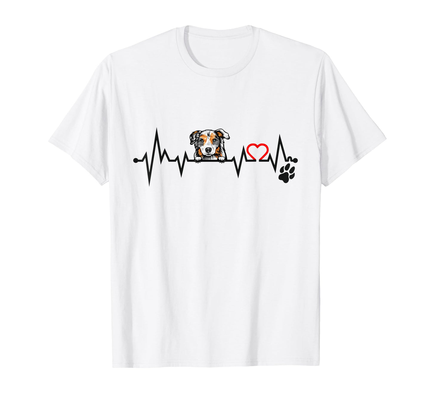 Peeking Australian Shepherd EKG Heartbeat With Paw Print T-Shirt