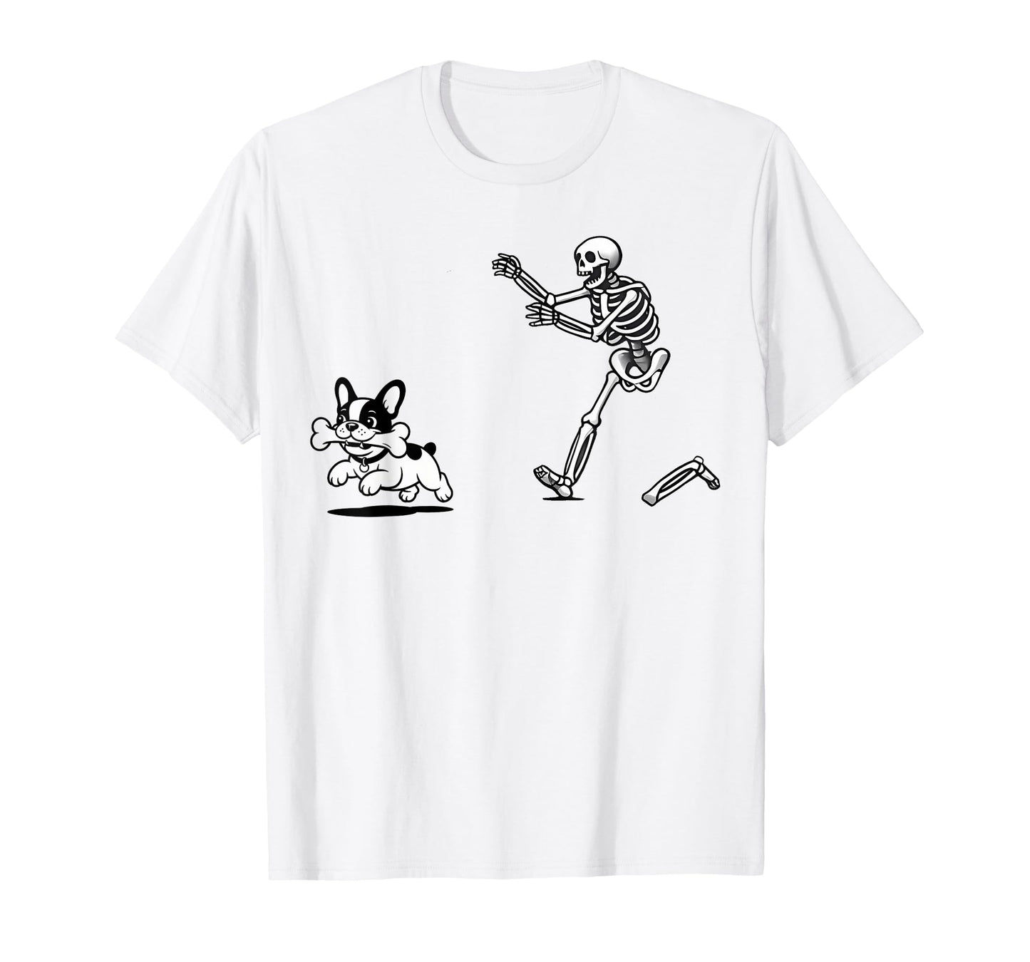French Bulldog with Bone Chased by Skeleton T-Shirt