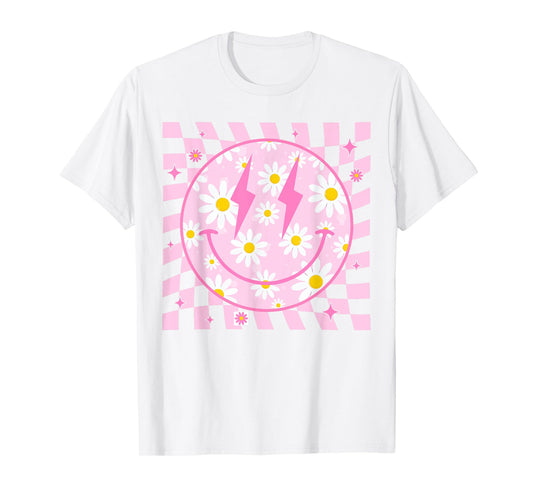 Retro Happy Smile Face Checkered Pattern Pink Daisy Flower T-Shirt