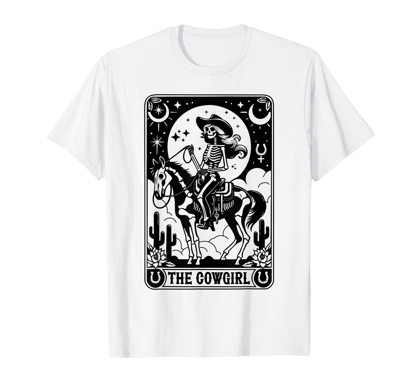 Skeleton Cowgirl Riding Horse Tarot Card Gothic Halloween T-Shirt