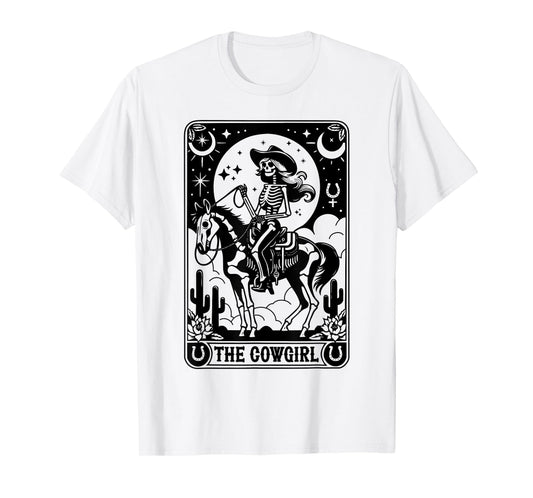 Skeleton Cowgirl Riding Horse Tarot Card Gothic Halloween T-Shirt
