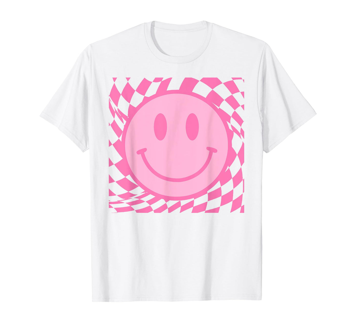 Retro Happy Smile Face Smiling Checkered Pattern Pink Trendy T-Shirt