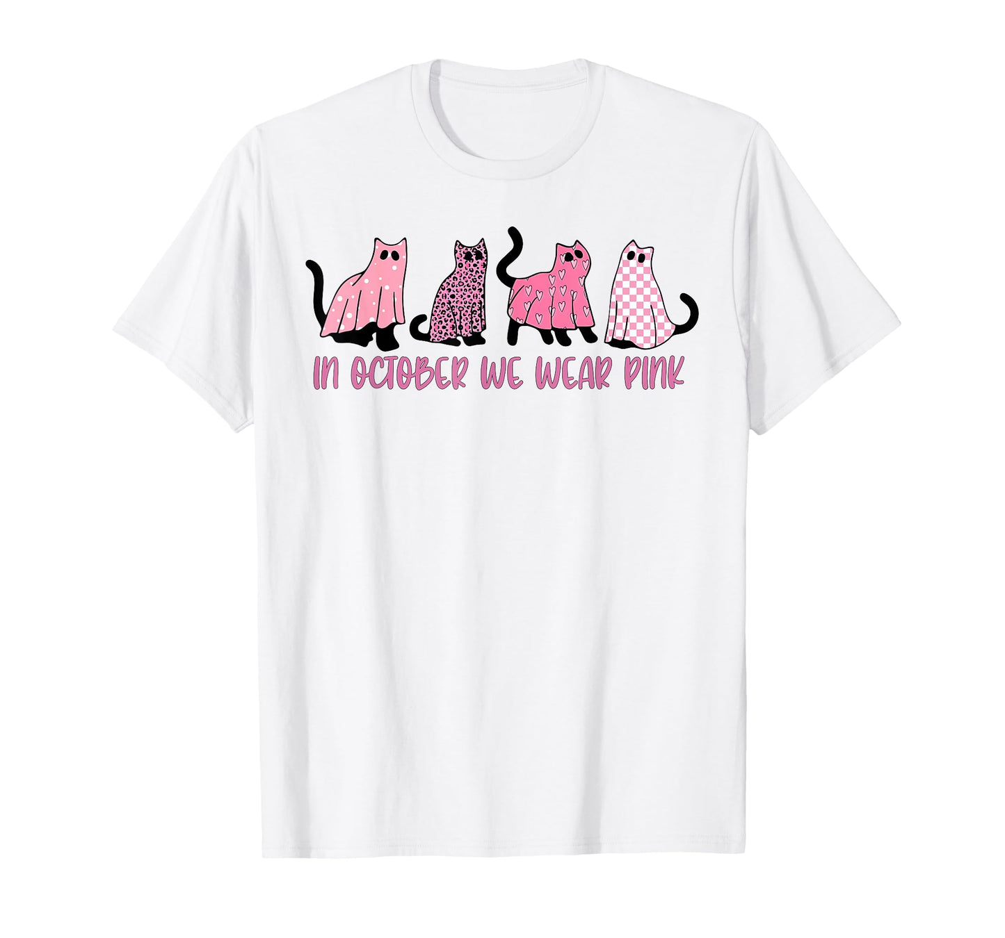 in October We Wear Pink Ghost Cats Breast Cancer Awareness T-Shirt