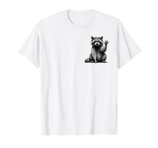 Cute Waving Raccoon in Drawing Style on Chest T-Shirt