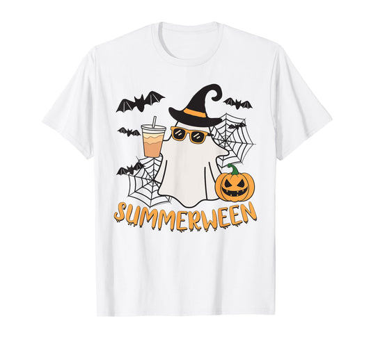 Summerween Vibes Ghost Pumpkin Spooky Beach Summer Halloween Men Women Kids T-Shirt