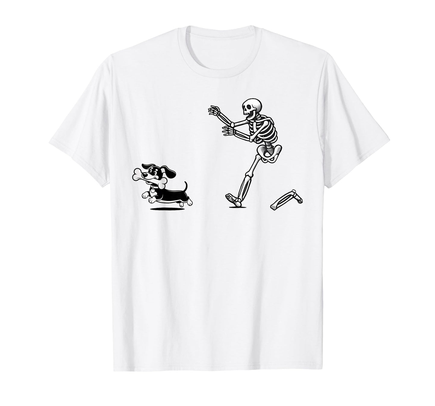 Skeleton Chasing Dachshund Cartoon Design T-Shirt