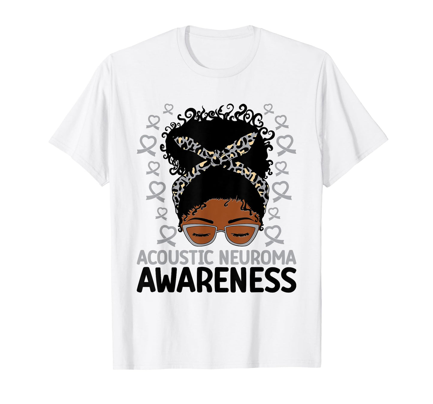 Acoustic Neuroma Awareness Women Messy Bun Gray Ribbon T-Shirt