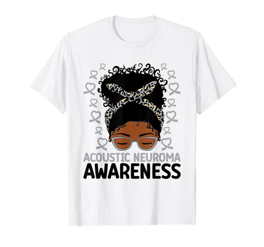 Acoustic Neuroma Awareness Women Messy Bun Gray Ribbon T-Shirt