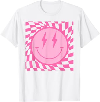 Retro Happy Smile Face Smiling Checkered Pattern Pink Trendy T-Shirt