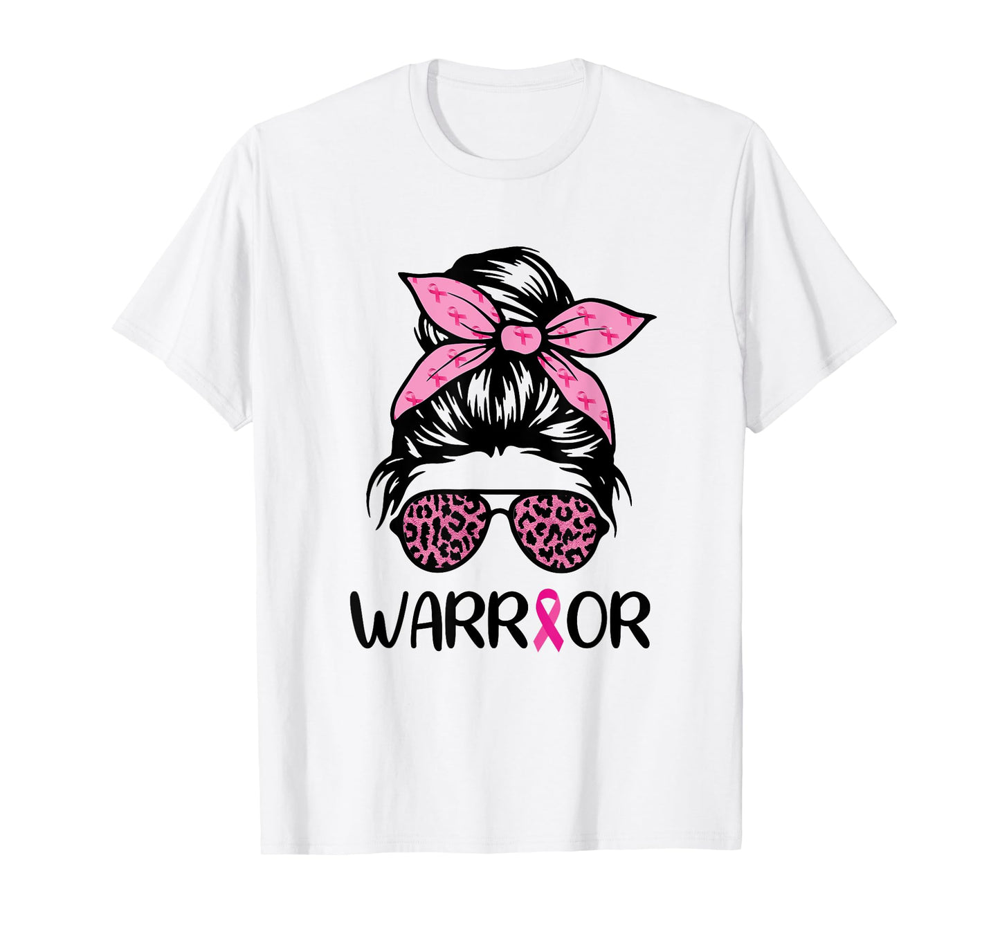 Warrior Breast Cancer Awareness Messy Bun Leopard Pink T-Shirt